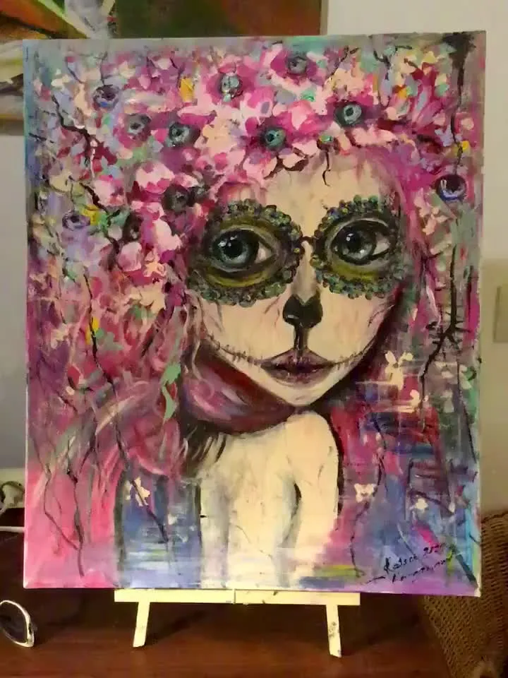 Santa muerte painting,original acrylic painting on stretched canvas,one of a kind,Halloween decoration,fantasy woman in flowers portrait.