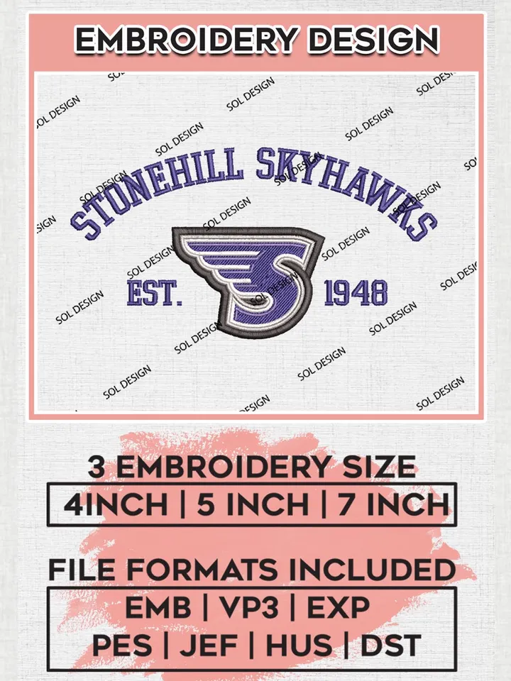 Stonehill Skyhawks Est 1948 Embroidery Designs, NCAA Stonehill Skyhawks Team Embroidery, NCAA Team Logo, 3 sizes, Machine embroidery Files, Digital Download