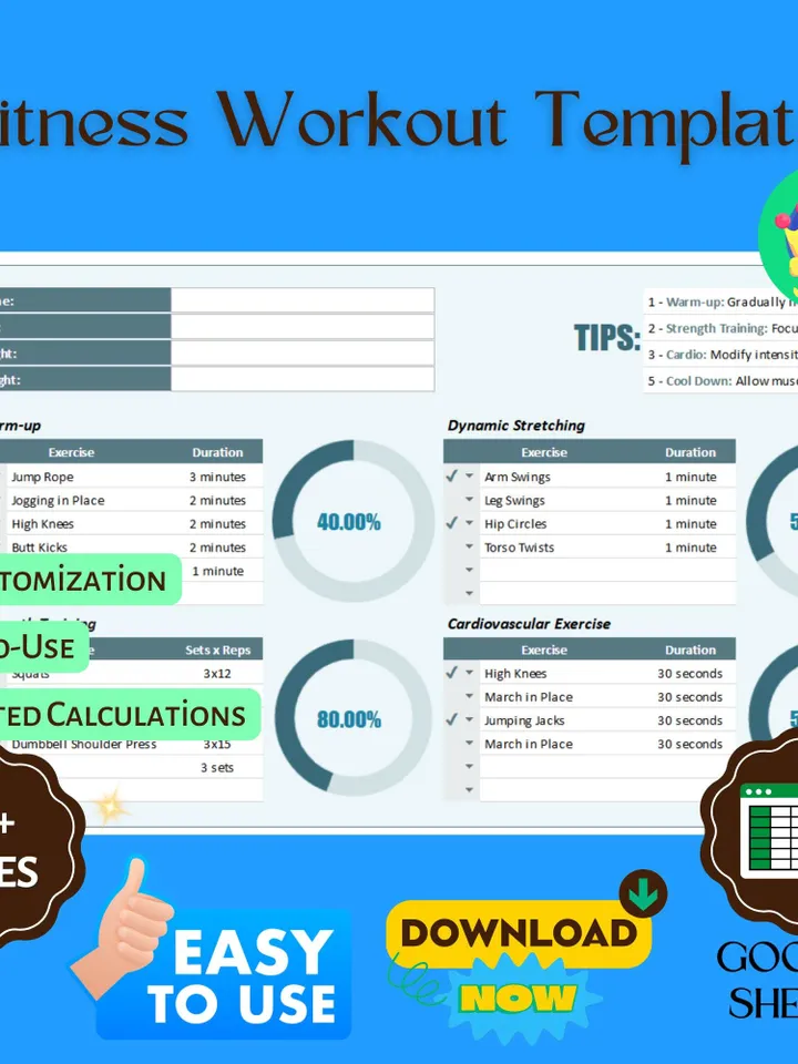 Fitness Workout Template, Editable Google Sheets, Digital Download for Personalized Fitness Planning & Progress Tracking