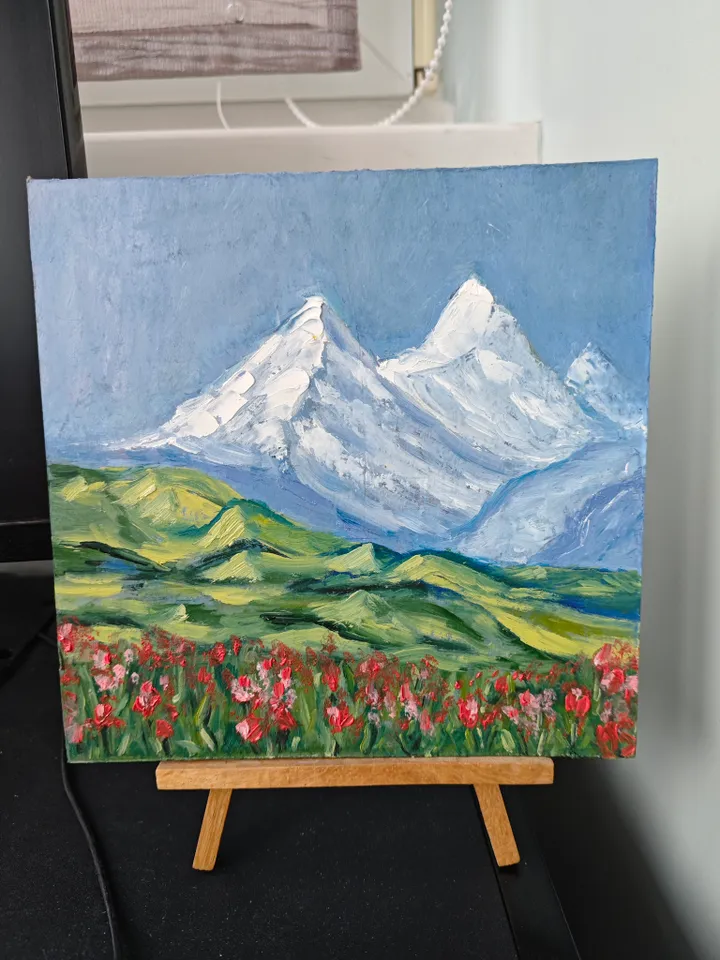 Mountains Landscape Original Painting Alps Mountains Original Art Mountain Modern Oil Artwork Alps Landscape Mountains And Meadow Wall Decor 8x8 inches by OlgaSokolovaArt