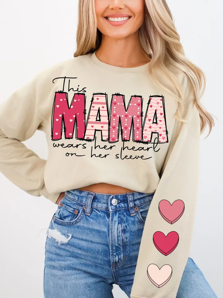 This Mama Wears Her Heart on Her Sleeve Valentines png, Valentines Sublimation, Candy Hearts png, Mama Sublimation, trendy vday tshirt png