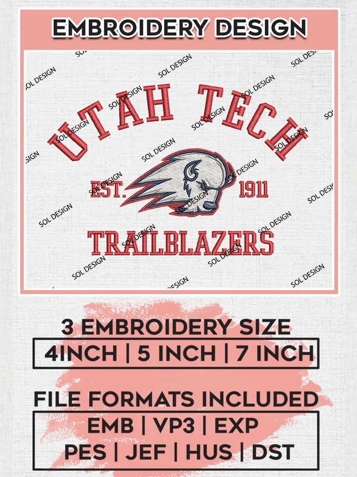 Utah Tech Trailblazers Est 1911 Embroidery Designs, NCAA Utah Tech Trailblazers Team Embroidery, NCAA Team Logo, 3 sizes, Machine embroidery Files, Digital Download