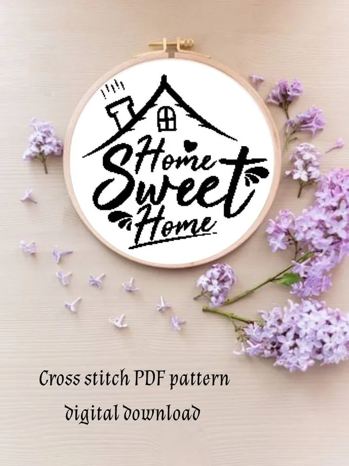 Monochrome Home sweet home cross stitch PDF pattern, Instant download