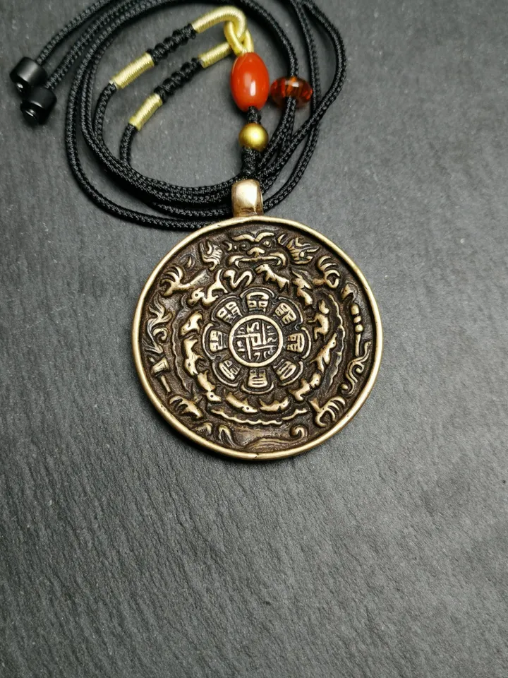Gandhanra Vintage Tibetan Buddhist Calendar Amulet Sipaho Badge - Lima Brass Melong Mirror Protective Charm Feng Shui Pendant,45mm