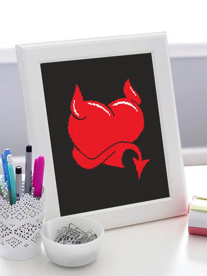 Devil heart cross stitch pattern download PDF Funny Valentine stitch, Heart ornament cross stitch chart, Devil horns, Heart design #T11