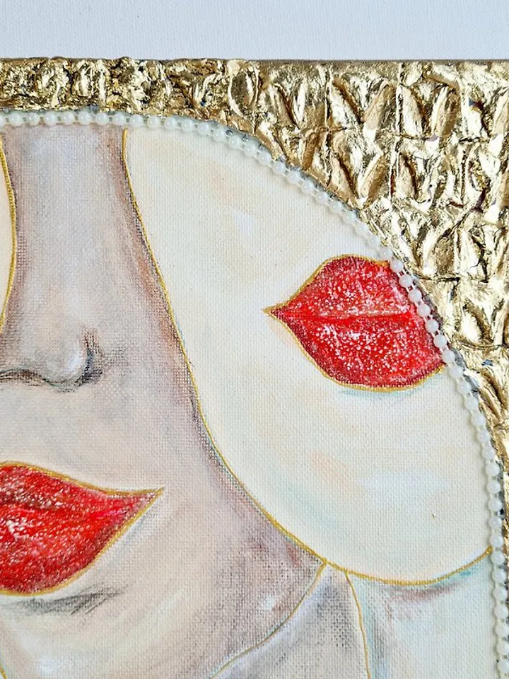 Handmade original wall painting Gold leaf painting on canvas 女人的脸在镜子里, 原创艺术, 肖像画