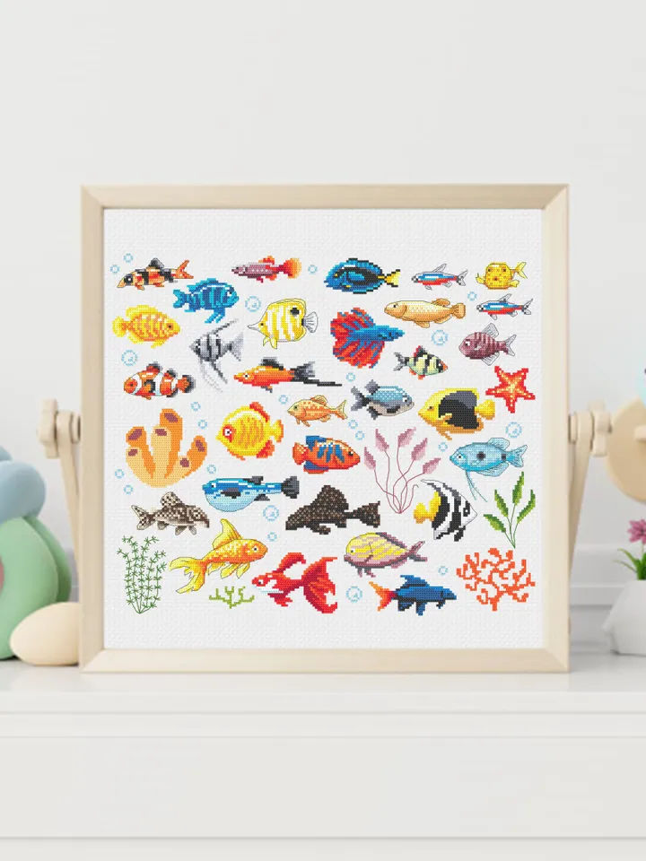 Aquarium fish cross stitch pattern PDF download Fishes sampler cross stitch, Tropical fish pattern digital PDF, Fish needlepoint canvas #K36