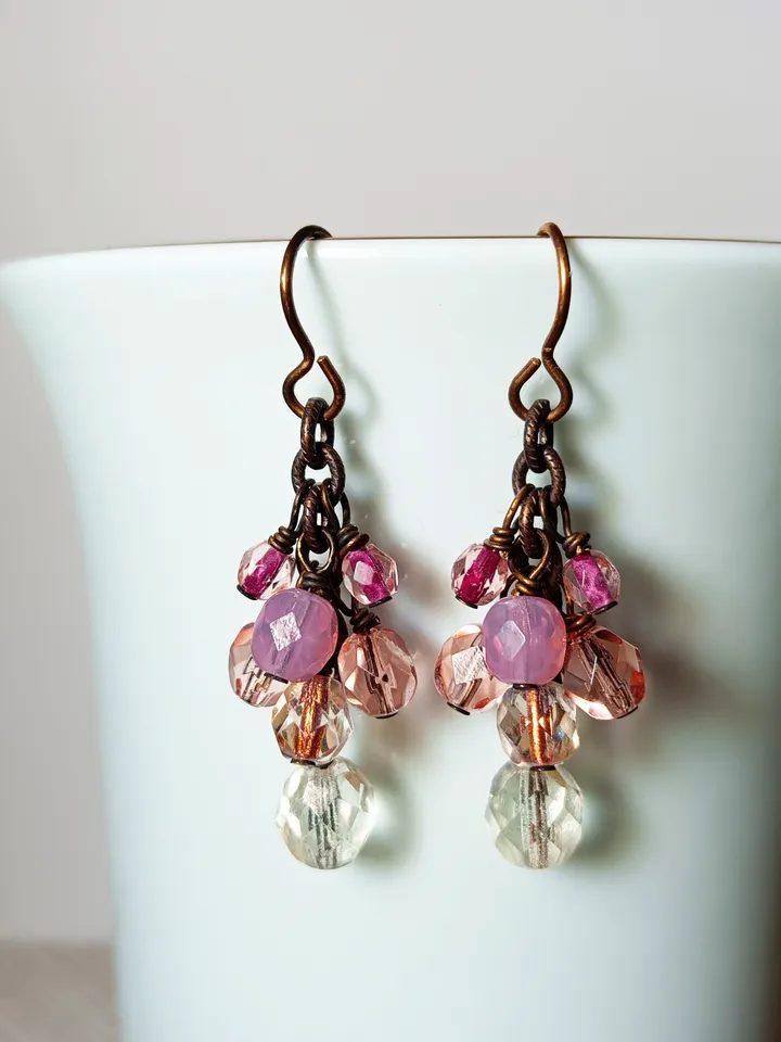 Solid and natural brass Boho Shabby chic with Czech glass beads earrings with chain.