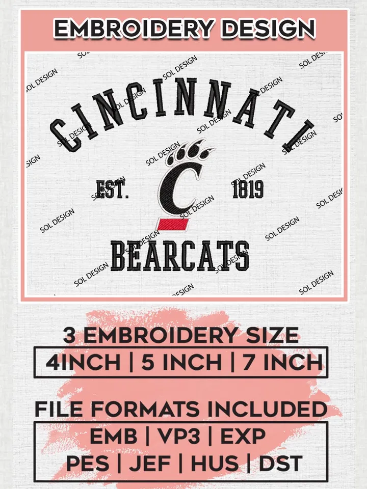 Cincinnati Bearcats Est 1819 Logo Embroidery Designs, NCAA Cincinnati Bearcats Team Embroidery, NCAA Team Logo, 3 sizes, Machine embroidery Files, Digital Download