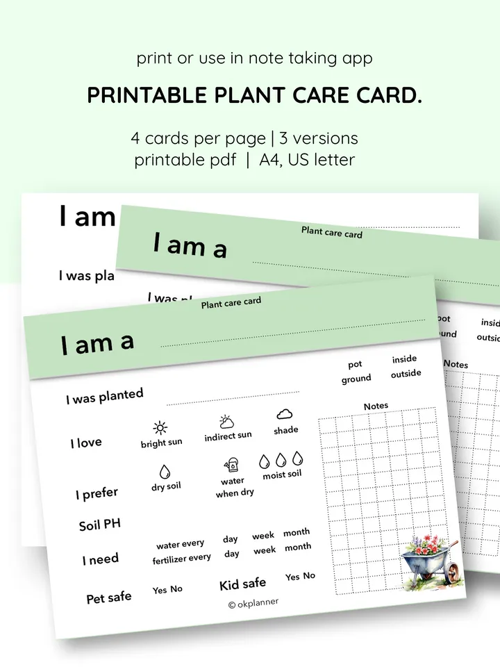 Printable Plant Care Card – Track Watering, Sunlight & Soil for Healthy Plants! Garden care printable. Houseplant care cards. Plant maintenance log. Gardener’s & Plant Lover’s gift. Printable plant tracker. Garden organization tool. Flower care tracker.