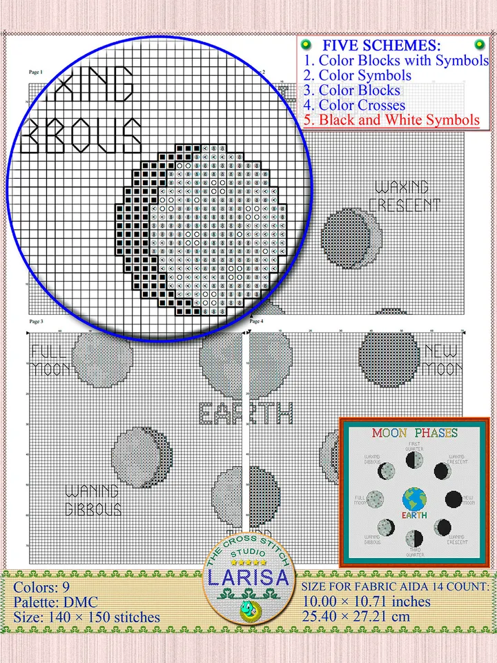 Moon Phases Cross Stitch Pattern | Lunar Phases Chart