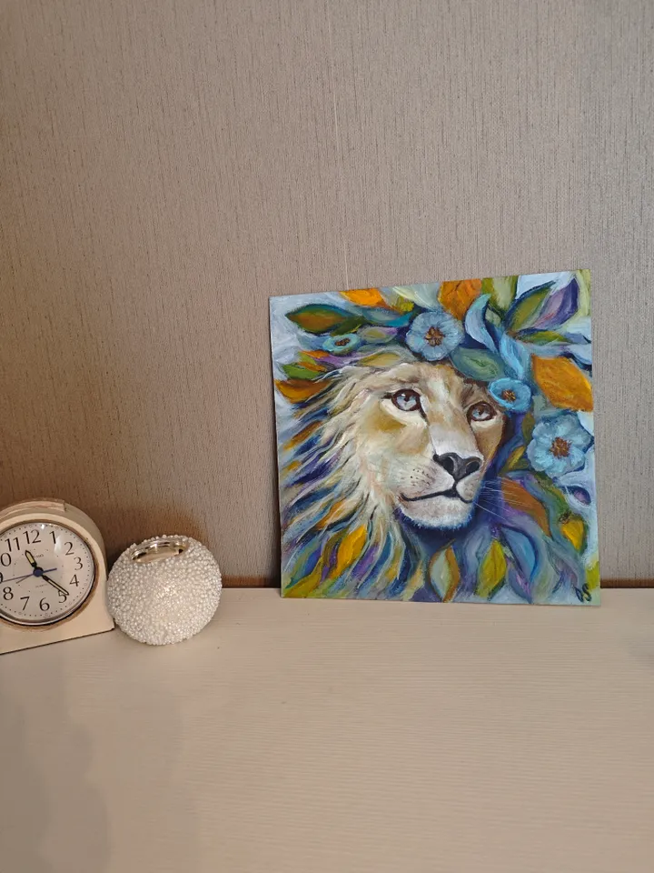 Lion Original Painting Animal Art Modern Artwork Bright Floral Multicolored Lion Wall Painting Lion Head Abstract Painting Room Decor 10x10 inches By OlgaSokolovaArt