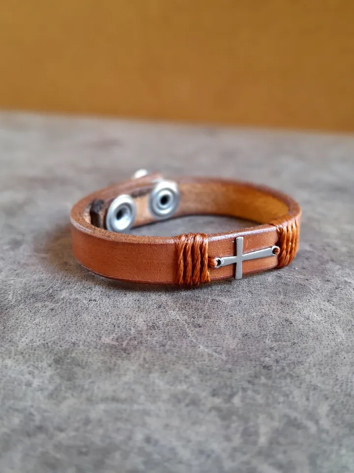 Silver Cross Bracelet, Tiny Horizontal Cross Leather Bangle, Unisex Religious Gift for Baptism, Birthday Gift Idea, Minimalist Men Bracelet