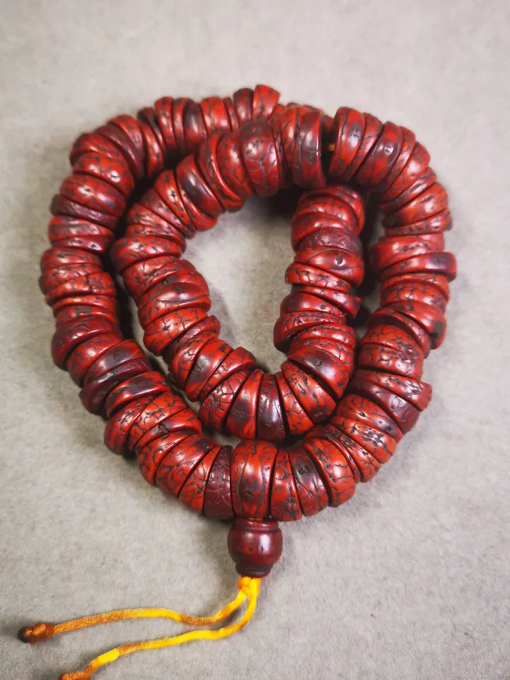 Gandhanra Antique 108 Bodhi Bead Mala,Old Prayer Beads Necklace,Miter Cut 15mm