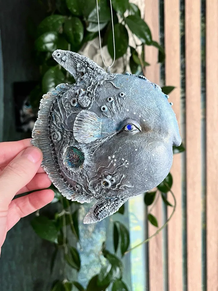 Suspended papier-mâché figurine Fish Moon. Art sculpture from papier-mache - series “Sea”. Unique interior decor handmade. Unusual interior pendant for your collection.
