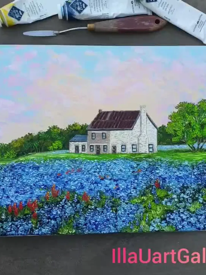 Bluebonnet Painting Farm Original Art Landscape Artwork Impasto Oil Painting