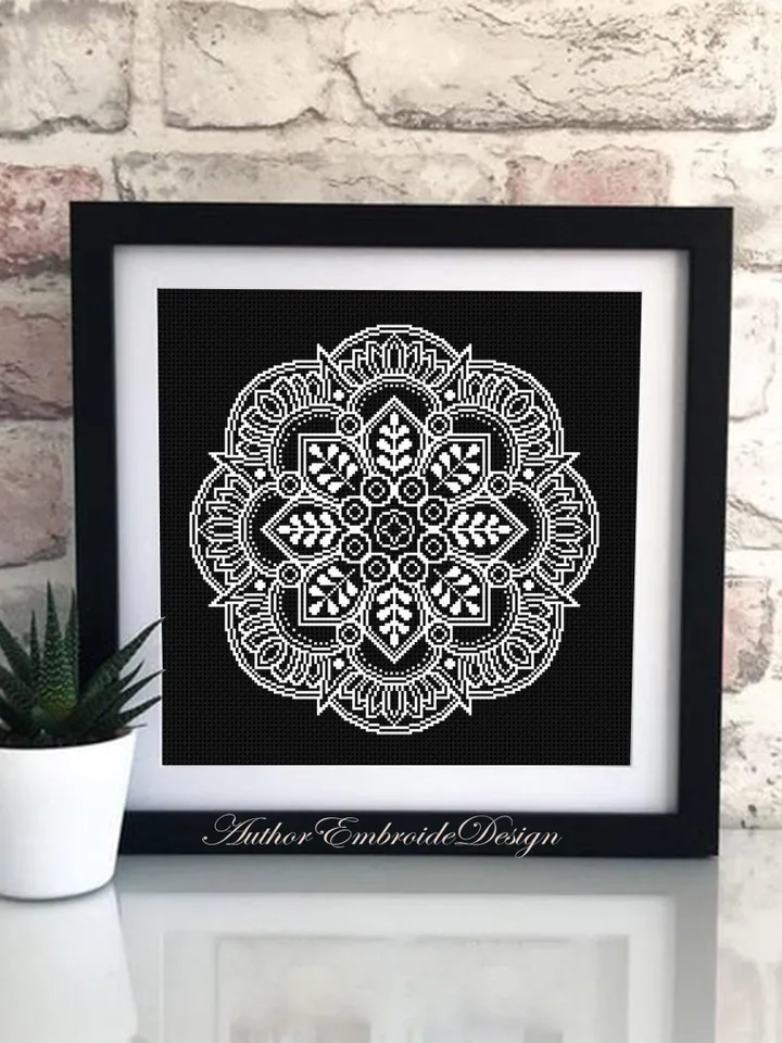 Flower mandala cross stitch pattern PDF download Mandala ornament cross stitch chart Monochrome mandala pattern digital PDF Home decor #M282