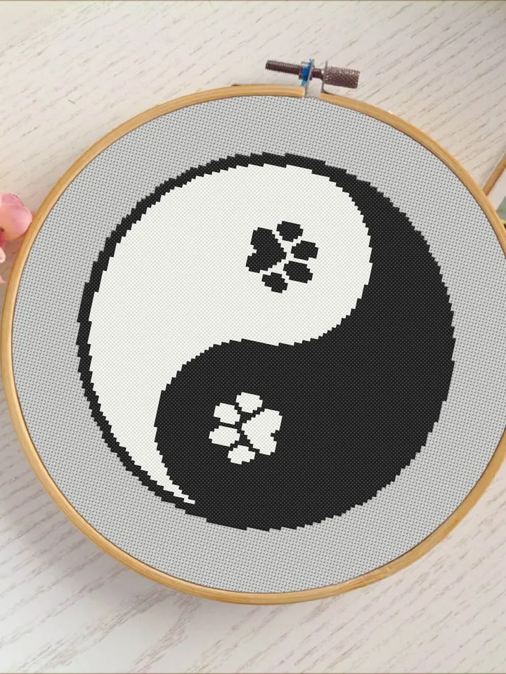 Yin Yang cross stitch pattern download PDF Ying yang mandala pattern digital Cat paw beginner stitch Chinese embroidery Cat lover gift #M90