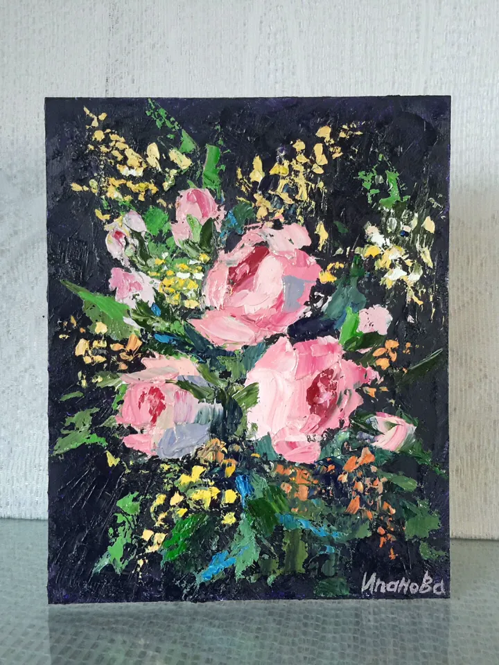 Pink Roses Original Oil Painting Flowers Impasto Floral Artwork