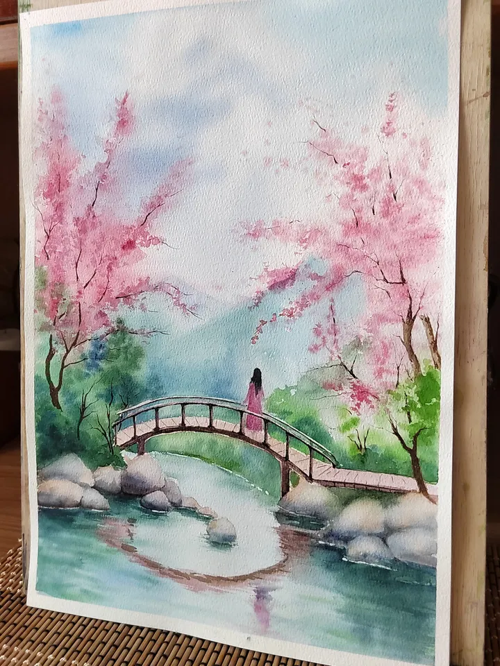 Japan Landscape Art Cherry blossoms Artwork Bridge River Picture Original Watercolor Painting 10.62x15.35 in by SoftWaves