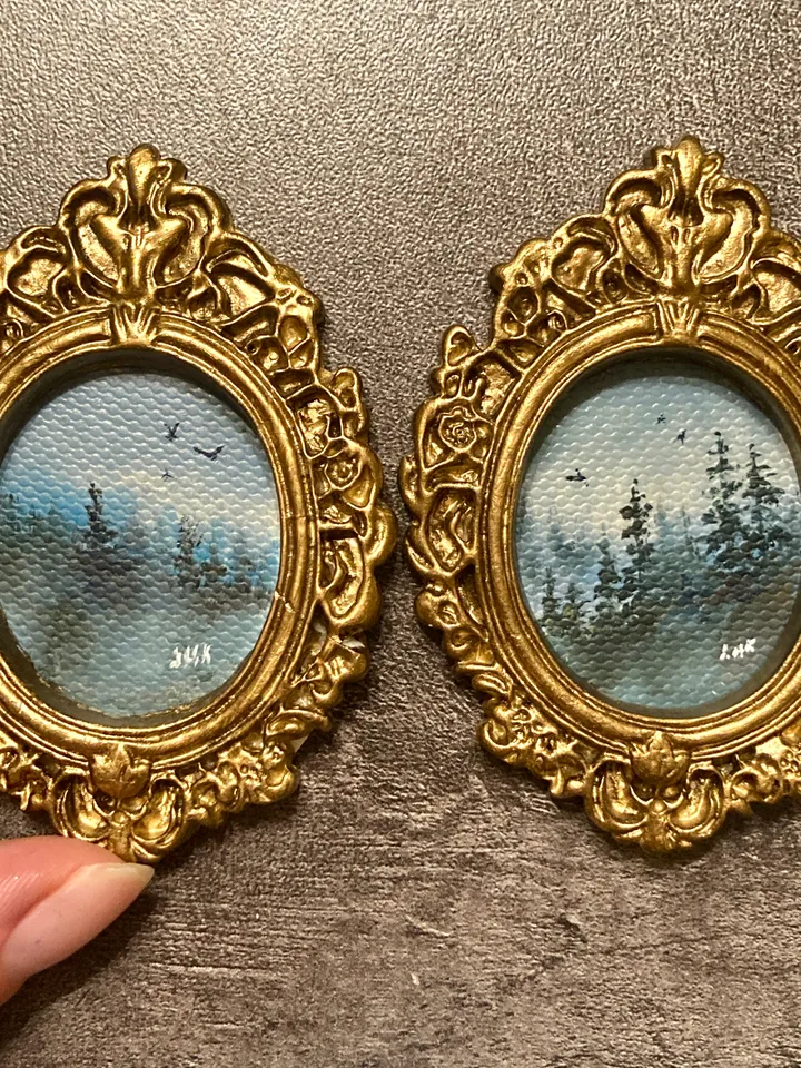 Forest Landscape Oil Painting Set of 2 Original In Vintage Style Frame Small Framed Oval Painting Art