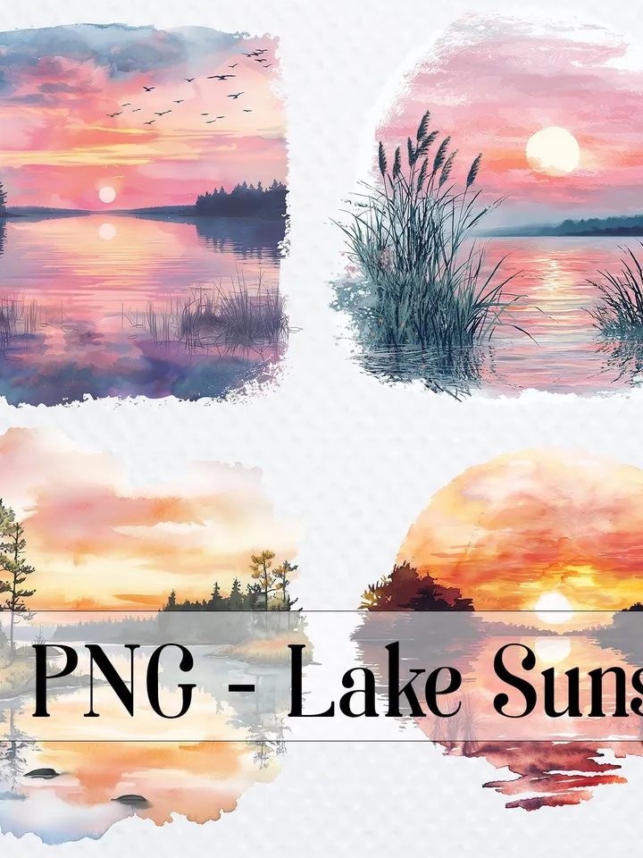 20 Sunset over Lake PNG Clipart Bundle, Lake Sunset clipart, Printable Watercolor Sublimation clipart, Digital download, Paper craft