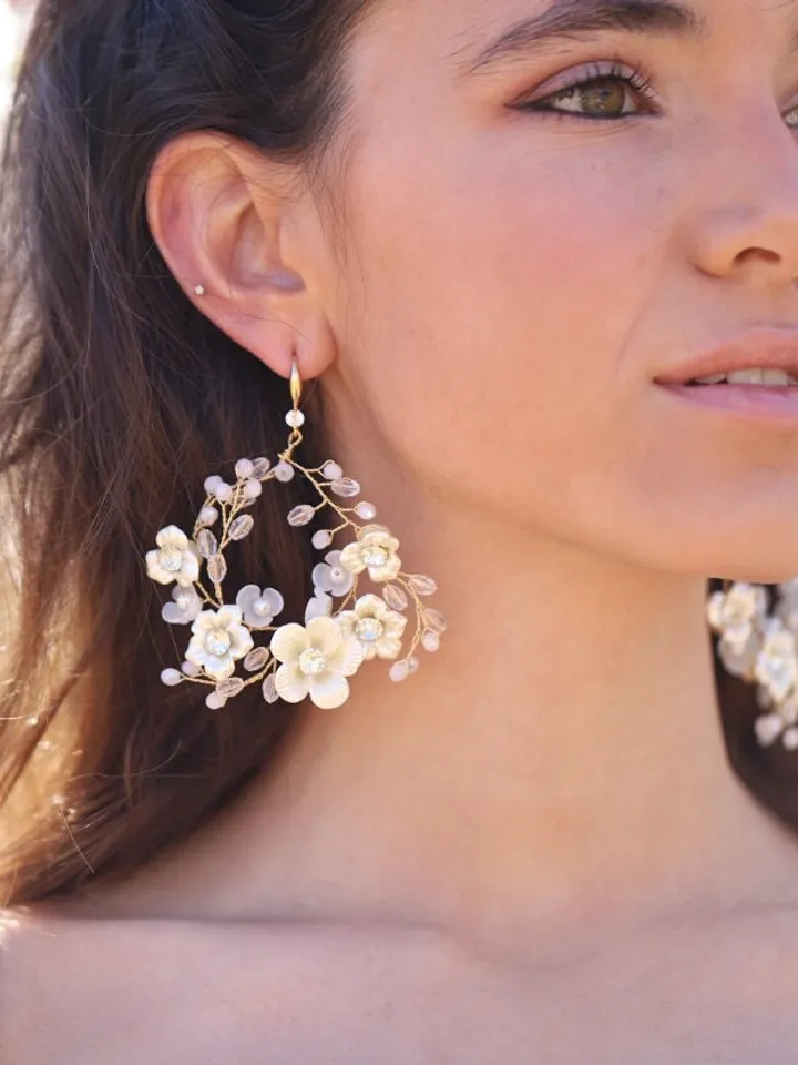 Porcelain Flowers Hoop Bridal Earrings, Champagne Gold Floral Wedding Jewelry, Statement Crystal Bridal Earrings, Statement Wedding Earrings