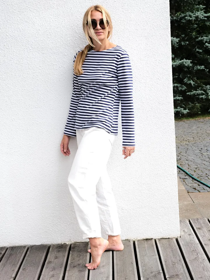 Cotton Mariniere longsleeve shirt | blue striped boat neck top | Blue and White women sweatshirt | Classic Sailor Shirt With Hedonist print