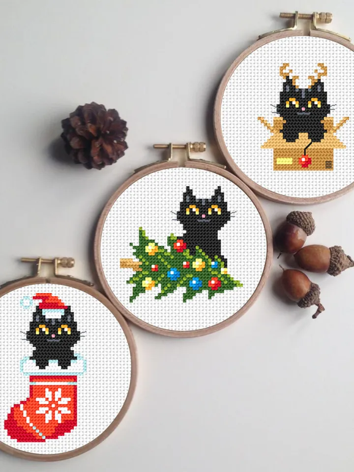 Set Christmas cats cross stitch pattern download PDF, Cute black cat embroidery PDF, Christmas small cross stitch, Funny home cat decor #N79