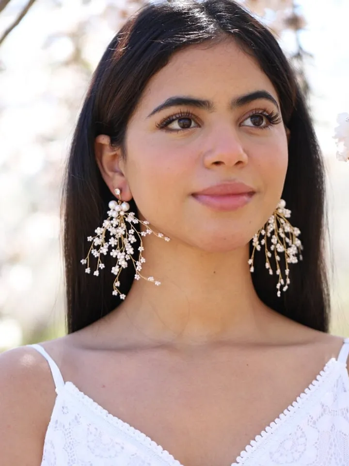 Long Boho Wedding Earrings, Pearl Bridal Earrings, Rose Gold Chandelier Wedding Earrings, Statement Bridal Jewelry, Statement Earrings
