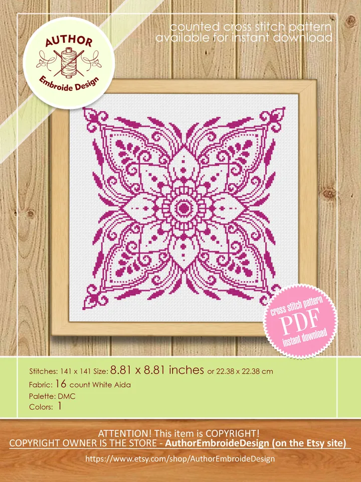 Flower cross stitch pattern PDF download Mandala cross stitch chart, Flower mandala pattern digital PDF, Floral ornament embroidery #M208
