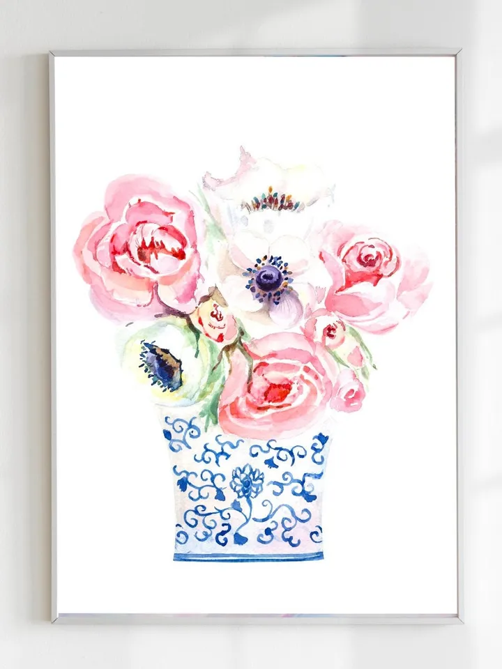 Chinoiserie Vase Flower Ginger Jar Print Watercolor Painting Blue And White Asian Flower Chinese Art Flower Painting Floral Art Print