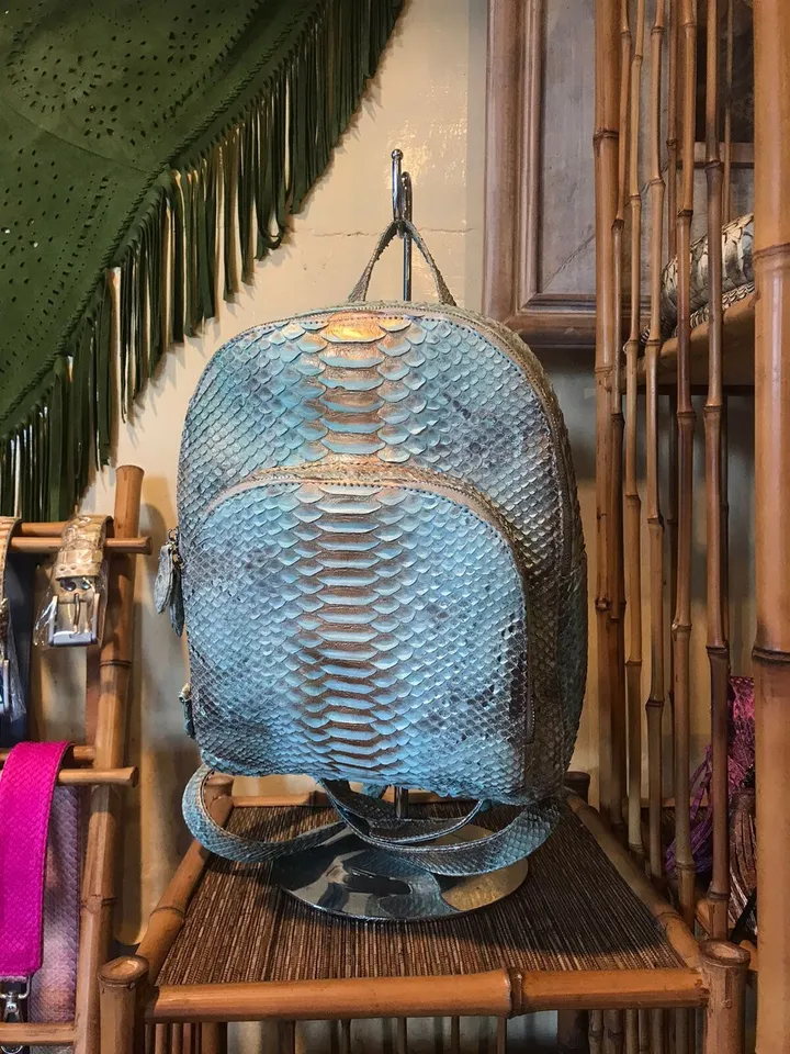 Genuine python skin blue backpack | designer women bags | exotic leather purse | trendy casual light blue snake backpack with pockets |