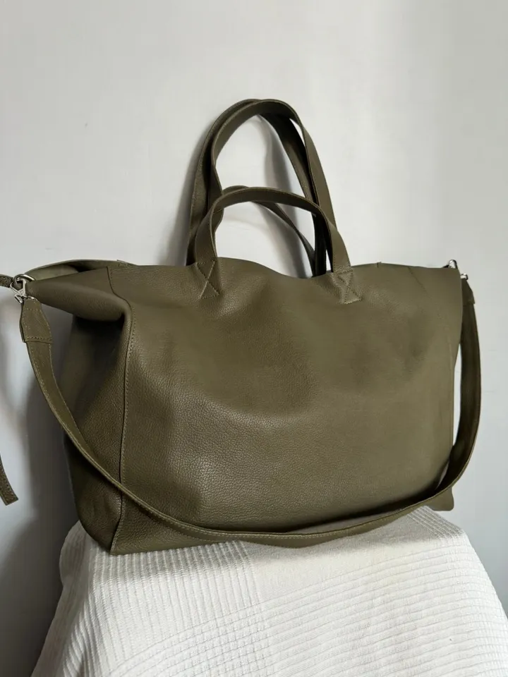 Genuine leather khaki green oversize tote shopper triple handle big bag / everyday purse / handmade bags / designer bags / summer bag /