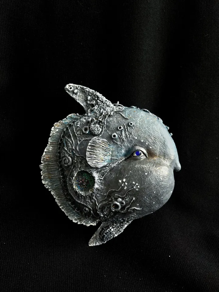 Suspended papier-mâché figurine Fish Moon. Art sculpture from papier-mache - series “Sea”. Unique interior decor handmade. Unusual interior pendant for your collection.