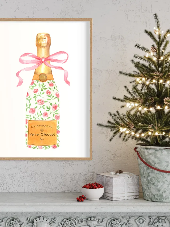 Champagne Bottle Chinoiserie Style Wall Art Print,Digital Download, Pink Watercolor Bar Cart Print, Cocktail Decor,Wine Wall Art