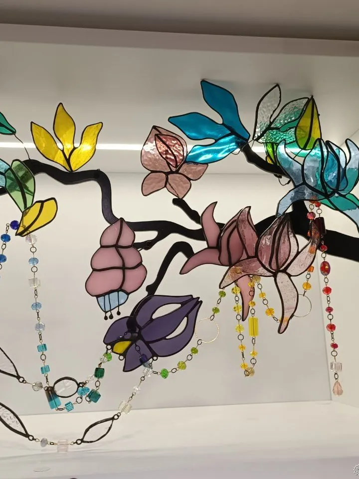 Large 3D Stained Glass Branch with Beaded Garlands, Large 3D Branch with Glass Bead Garlands, Large 3D Stained Glass Branch with Beaded Garlands, Artistic Glass Flower Stem with Beads, Fantasy-Inspired 3D Floral Glass Sculpture, Handcrafted Stained Glass