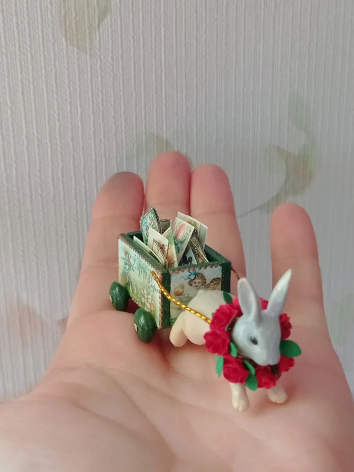 Vintage Easter bunny with a cart. Dollhouse miniature. 1:12. handmade.