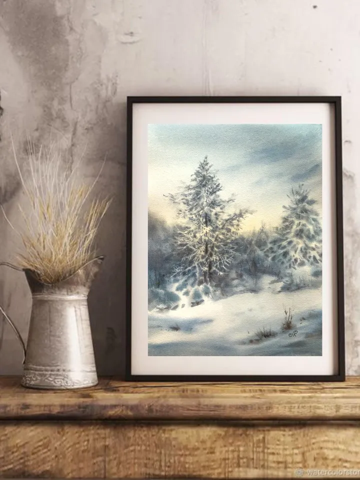 Winter Landscape Painting Original Watercolor Painting Winter Forest Painting