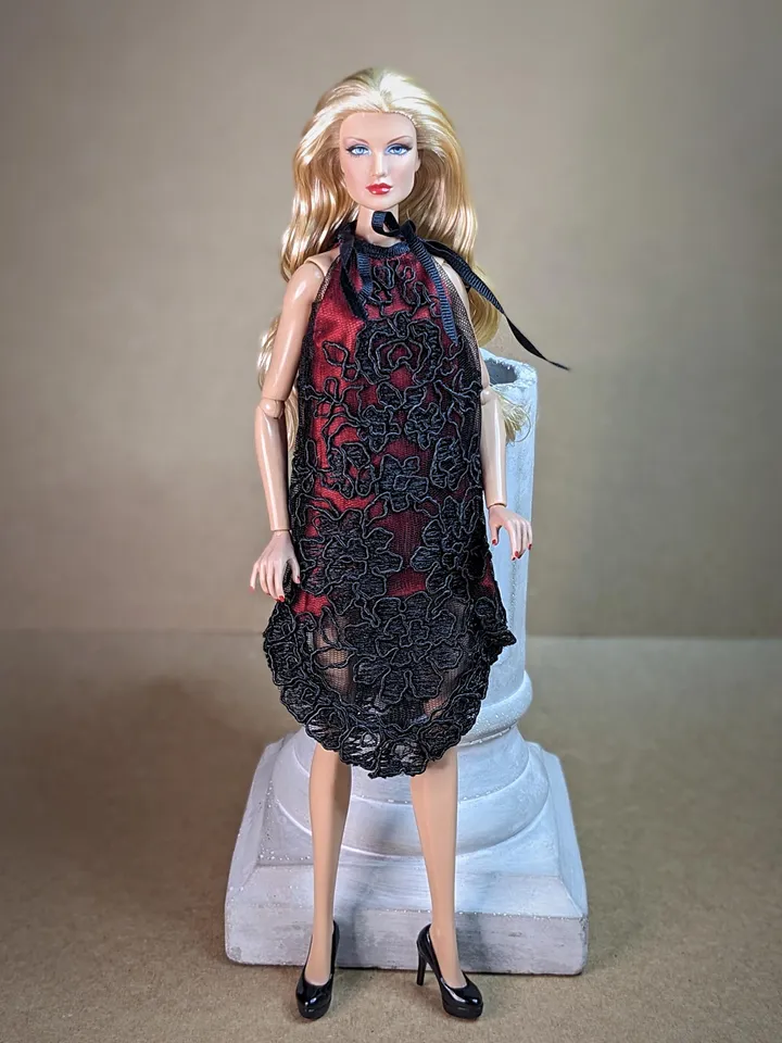 Handmade black & red lace dress for 13-inch fashion dolls