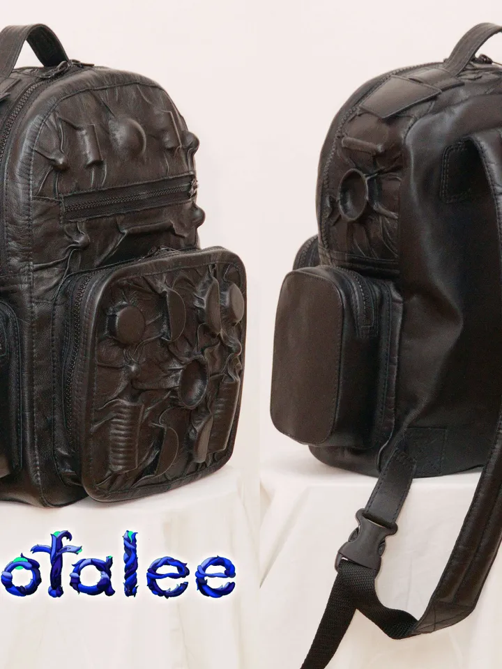 Backpack of genuine leather black color, 3D details modern style. Outdoor Casual Backpack.