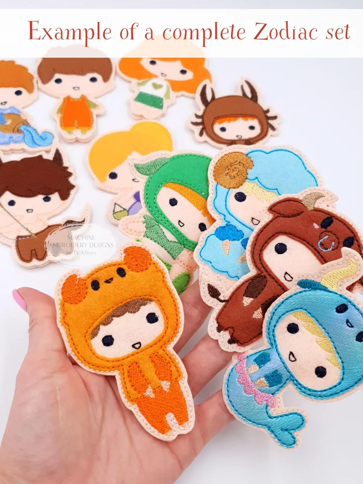 ITH Gemini Twins Finger Puppets & Bag Embroidery Design, Zodiac Star Sign Toy Set, 4x4 Hoop Christmas Ornament