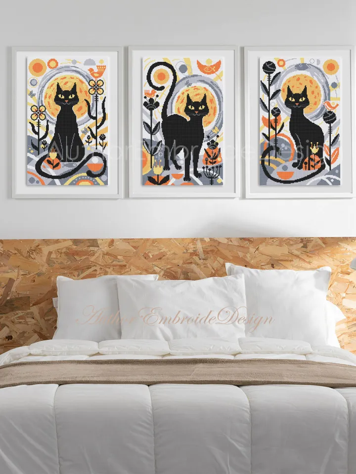 Set of 3 Boho cat cross stitch pattern PDF download Boho cross stitch chart, Abstract pattern digital PDF, Black cat, Boho wall decor #K24