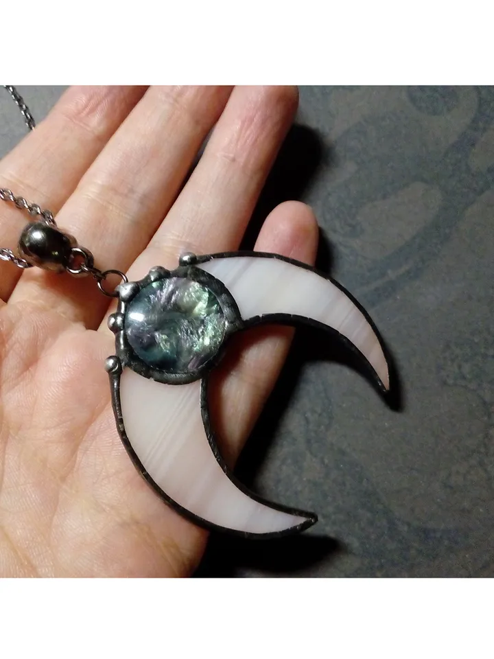 Stained glass moon, Moon crescent, witchy aesthetic, Moon phase necklace, Stainglass crescent