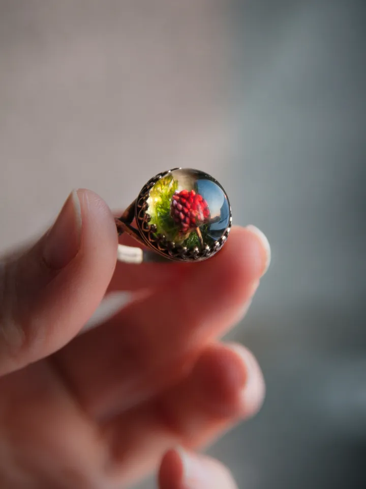 Real strawberry ring. Adjustable size resin jewelry