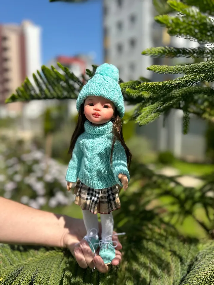 Paola Reina Doll 5 ITEMS Set: Exclusive Handmade Outfit - Sweater, Skirt, Tights, Shoes, Hat with braid