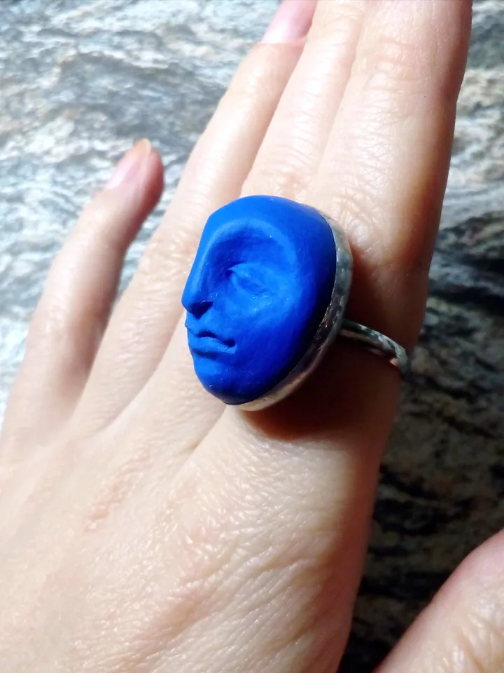 Blue moon clay ring, face moon Goddess ring, Halloween witchy ring,  Samhein bijouterie