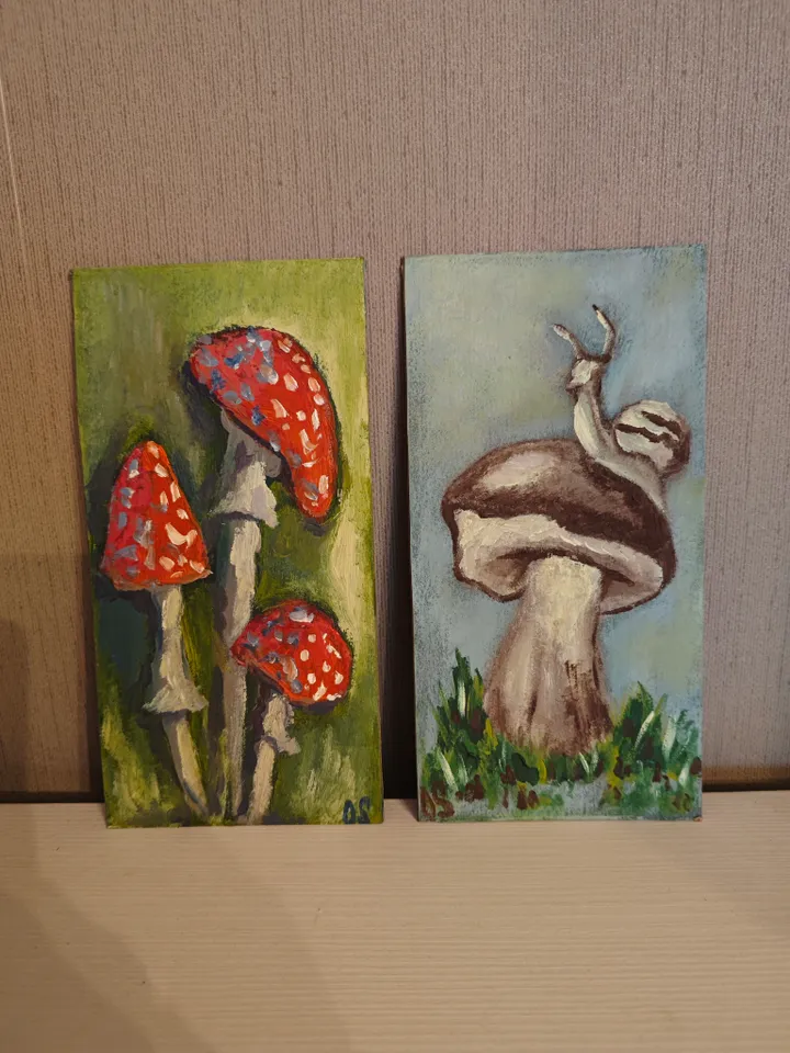 Mushroom Original Painting Red Amanita Original Art Fly Agaric Modern Artwork Red Mushrooms Wall Decor Amanita Oil Painting 4x8 inches by OlgaSokolovaArt