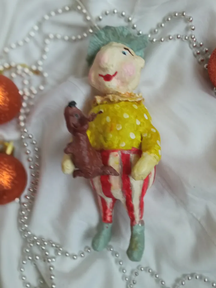 Pendant in vintage style Clown with a dog. Christmas tree decoration
Xmas tree toy. Christmas ideas. Holidays gifts Home decor indoor