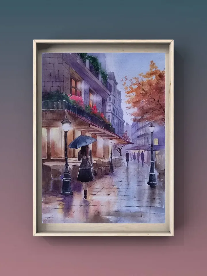 Old Paris Cafe Painting Girl Umbrella Art Cozy Cityscape Artwork Night Street Picture Original Watercolor Painting 11.8x15.7 in by SoftWaves
